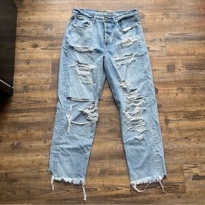 American Eagle Womens 10R Light Wash Distressed Button Fly 90s Boyfriend Jeans